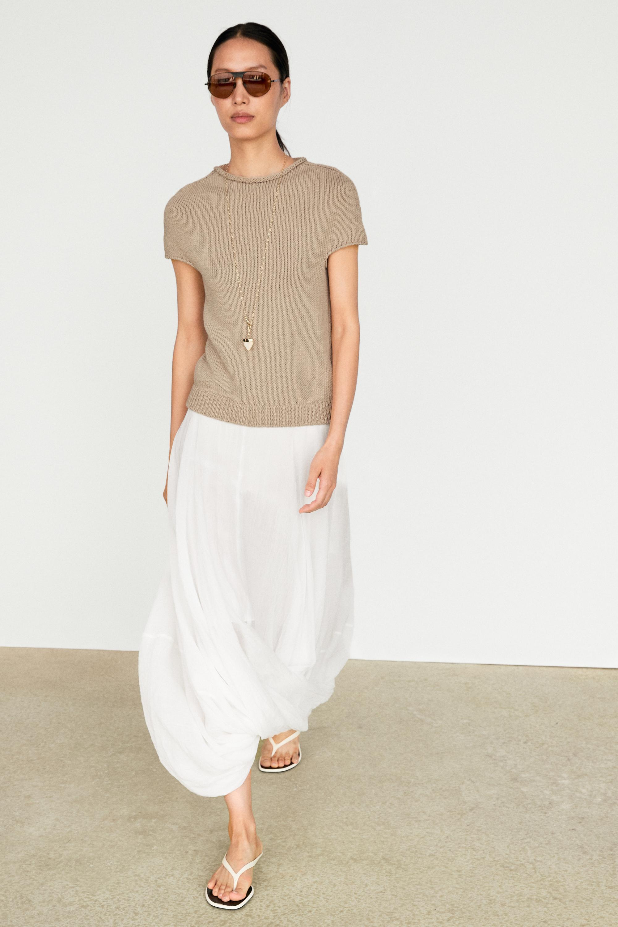 Cotton blend short sleeve roll neck sweater